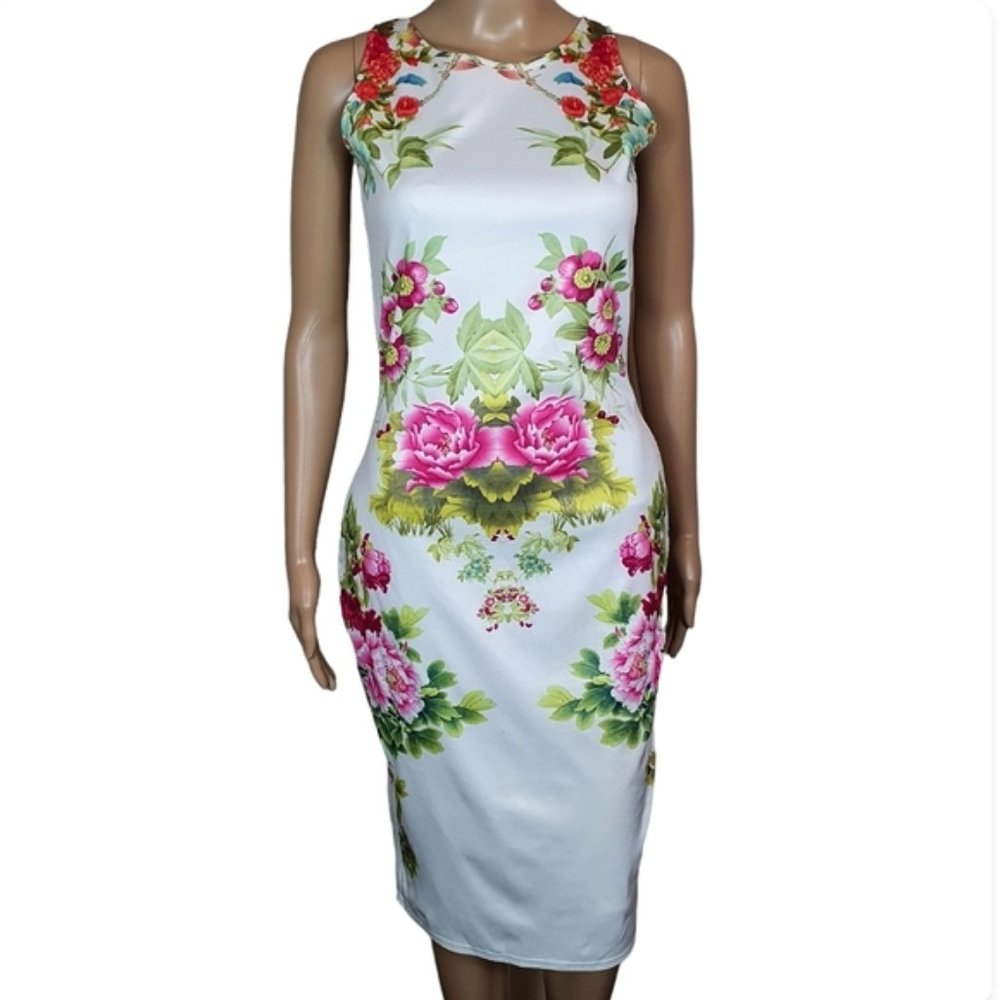 Floral midi dress retro white pink Sze 10 pencil  slit zip up scoop neck roses